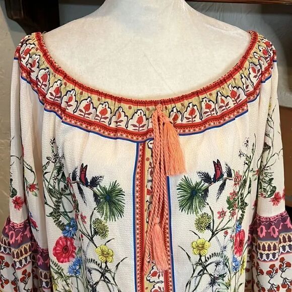 Umgee Border Bell Sleeve Dress - Natural, S! - Picture 2 of 9